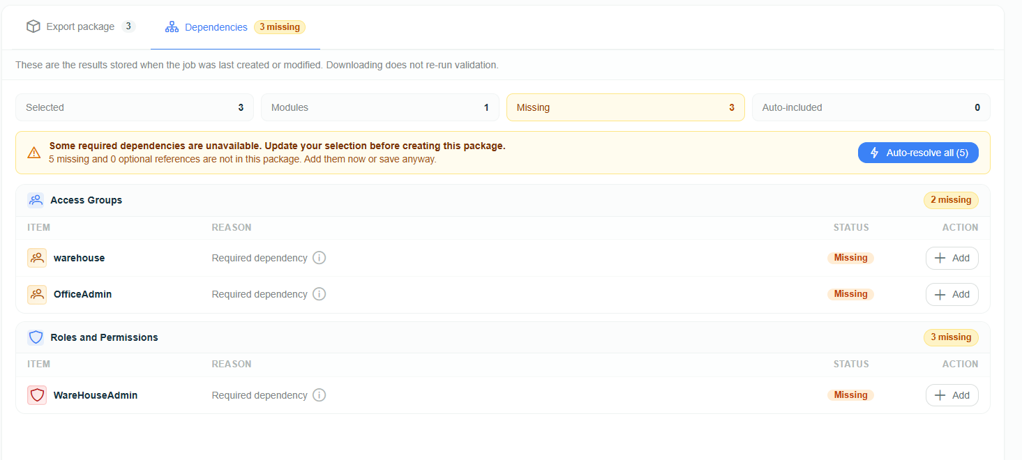 Export package dependency check