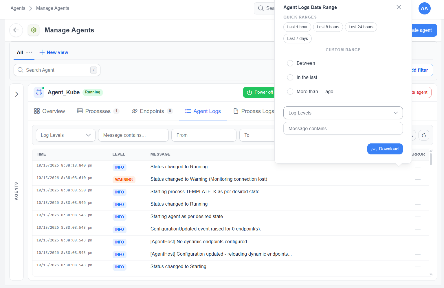 Agent Logs Date Range panel with quick ranges, custom ranges, Log Levels, Message contains, and the Download button