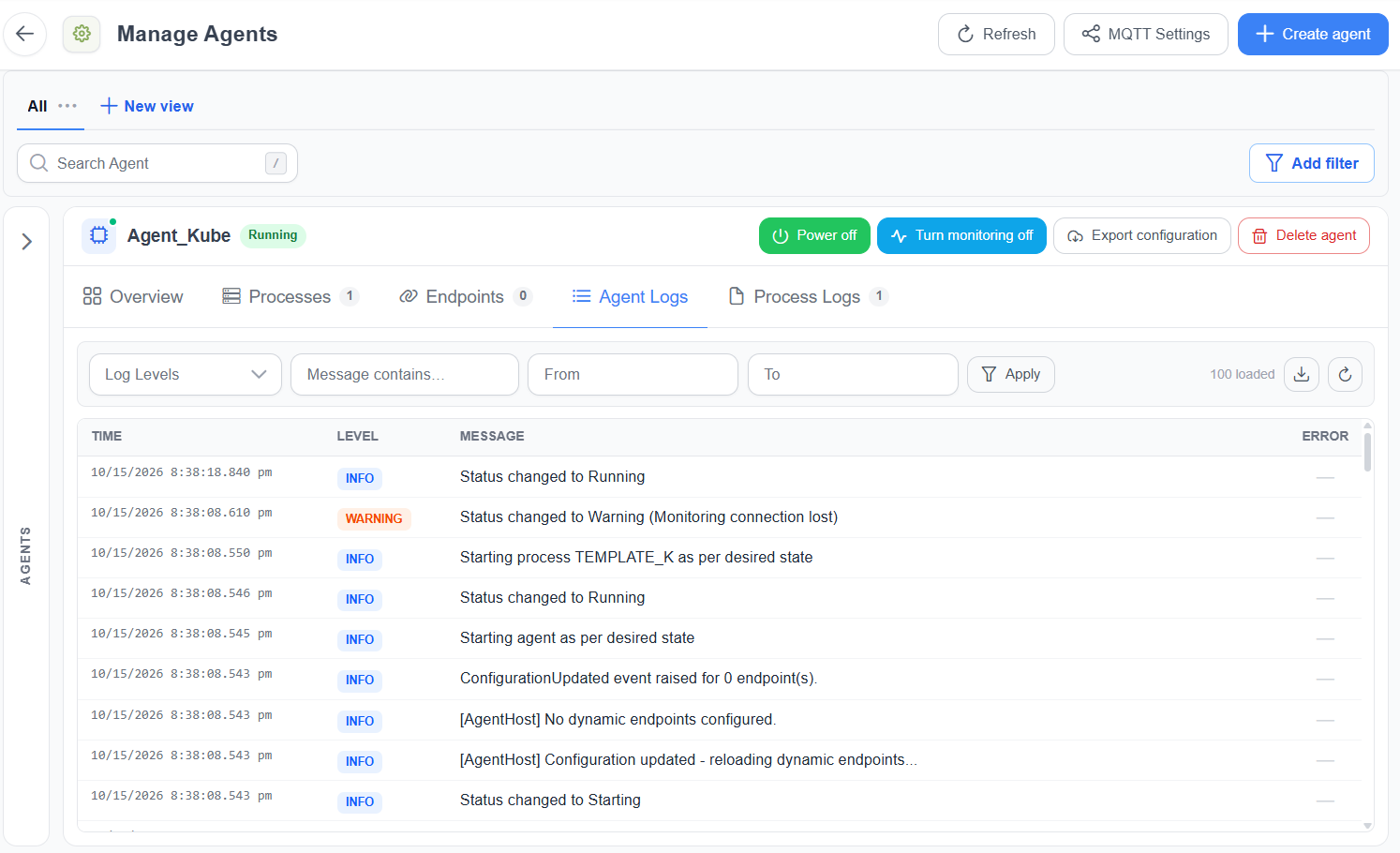 Agent Logs tab with the Log Levels, Message contains, From, and To filters, the Apply button, the loaded count, and the download and refresh icons