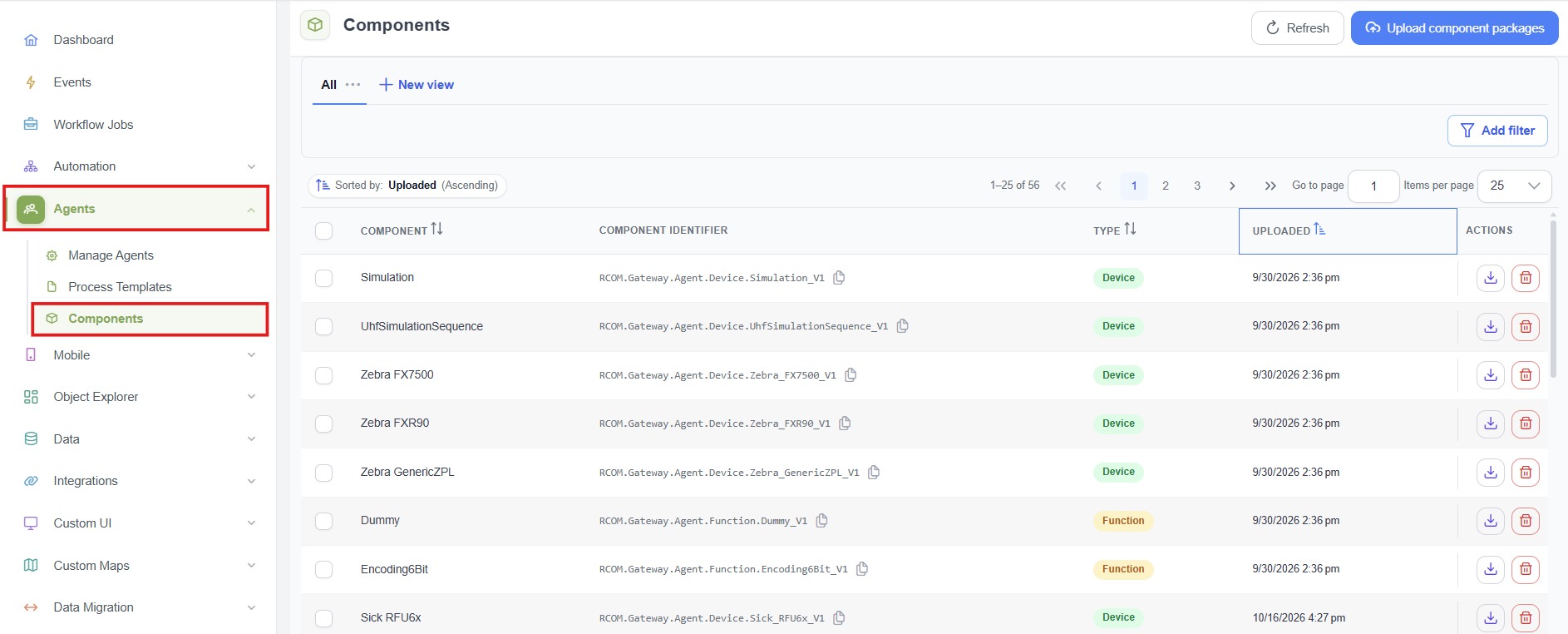 Components page with the Refresh and Upload component packages buttons and the component list showing component names, identifiers with a copy icon, type, upload date, and the Download and Delete actions