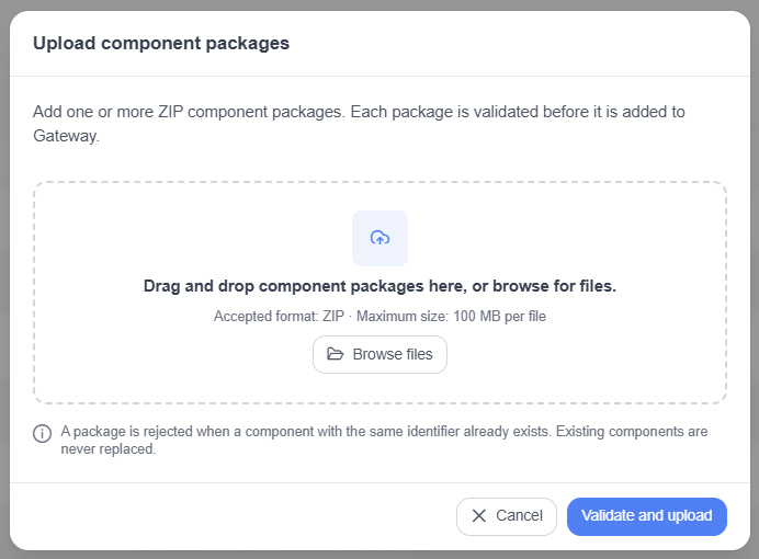 Upload component packages dialog with a drag-and-drop area, the note Accepted format: ZIP, Maximum size: 100 MB per file, the Browse files button, and the Validate and upload button