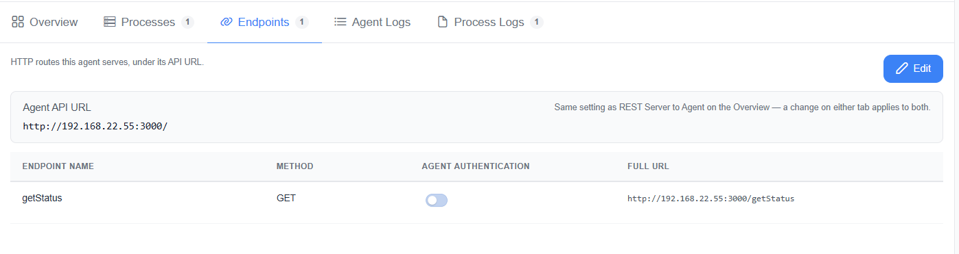 Endpoints tab of an agent showing the Agent API URL, the Edit button, and an endpoint table with the getStatus endpoint, method GET, the Agent authentication switch, and the full URL