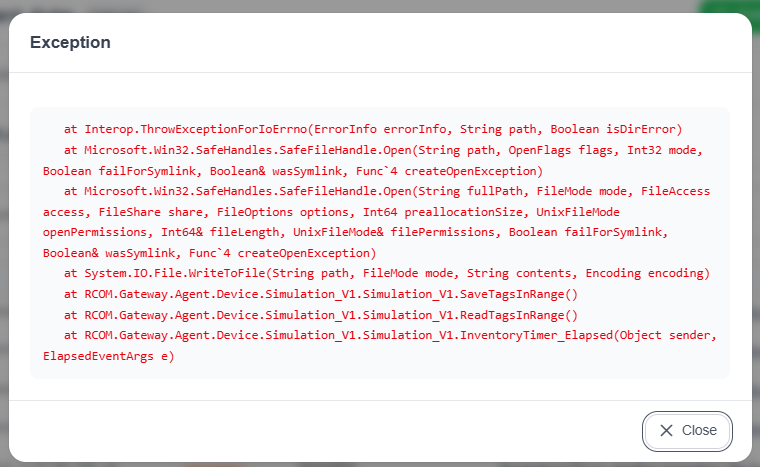 Exception dialog showing the stack trace of a log exception reported by the Simulation_V1 component, with a Close button