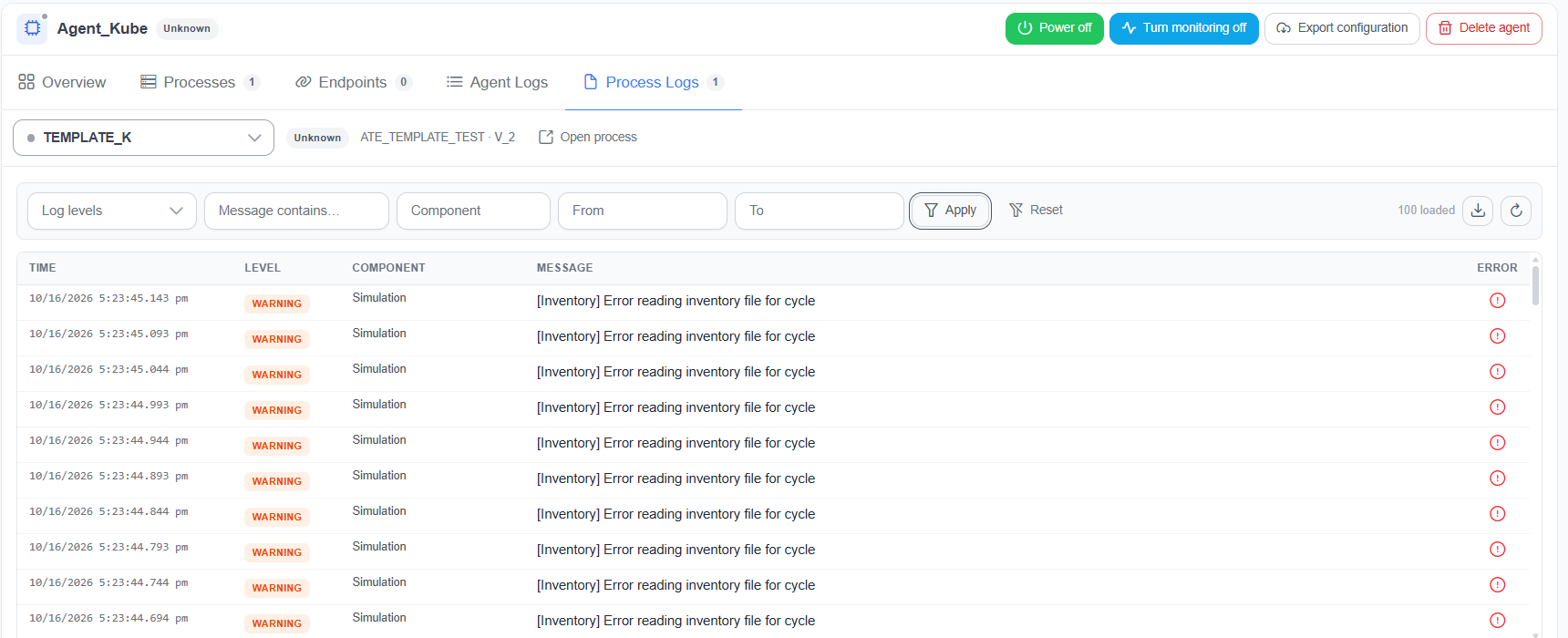 Process Logs tab of an agent with the process selector, the template and version, Open process, the Log levels, Message contains, Component, From, and To filters, the Apply and Reset buttons, the loaded count, the download and refresh icons, and log entries with exception icons in the Error column