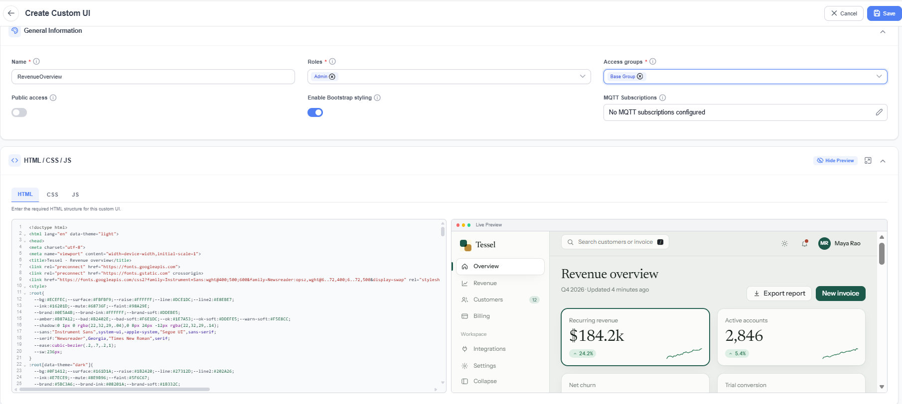 Custom UI editor with HTML source beside a live preview of a revenue dashboard